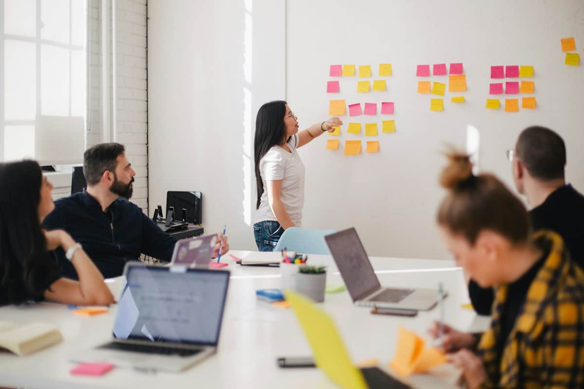 Tim yang sedang merencanakan proyek software dengan sticky note di papan tulis