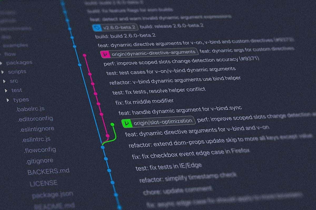 Grafik commit Git dengan branch dan merge di code editor