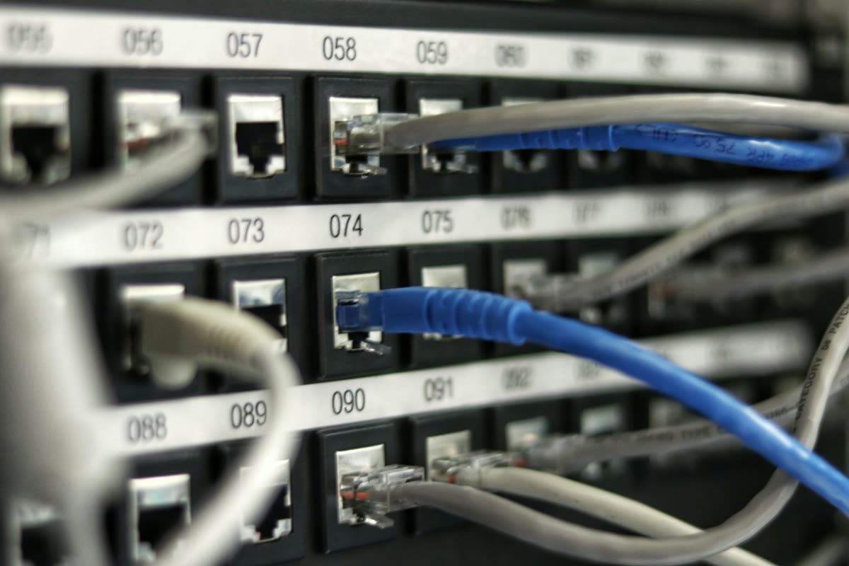 Kabel jaringan biru dan abu-abu tertancap di patch panel bernomor
