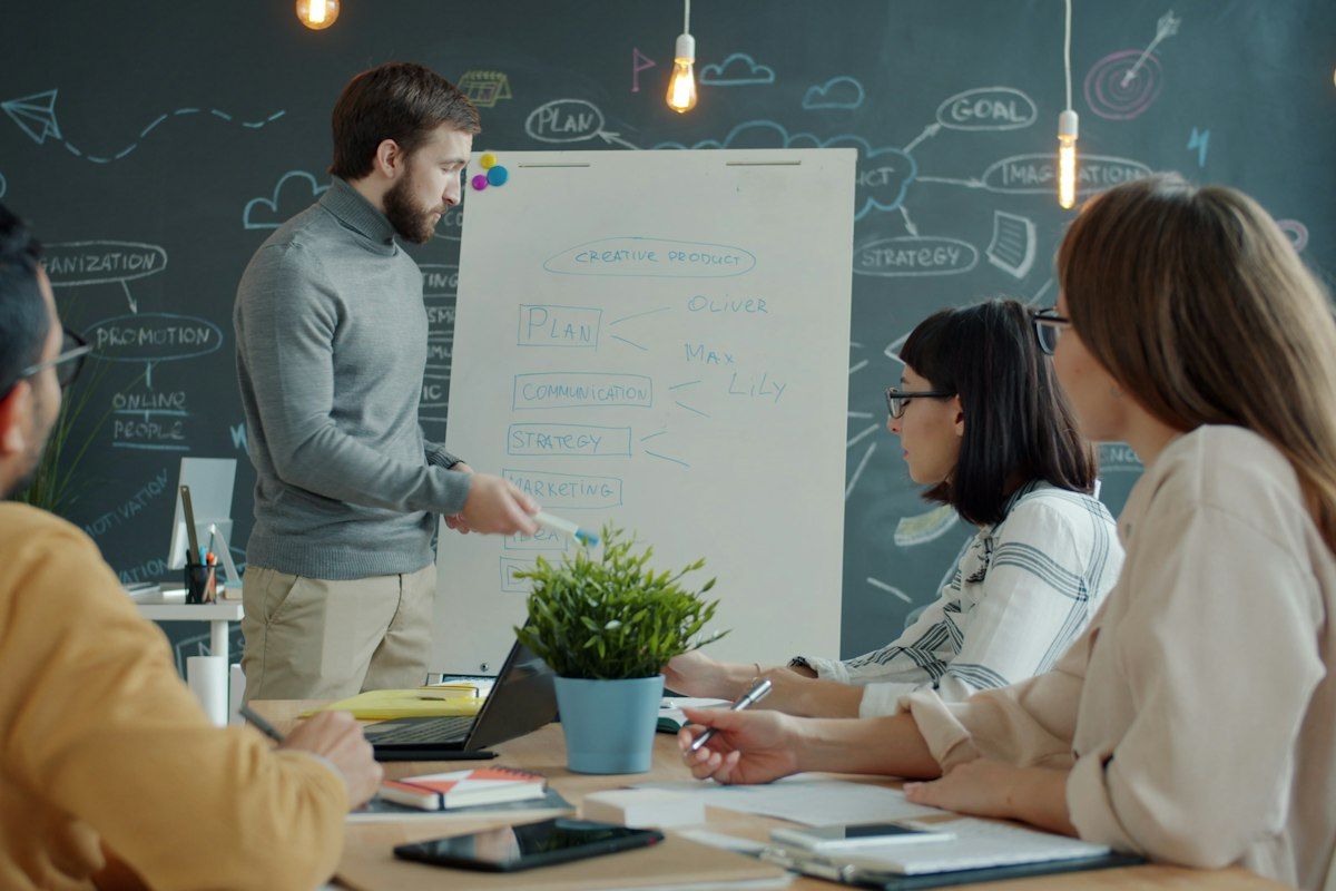 Team lead walking colleagues through a project plan on a whiteboard in a meeting room