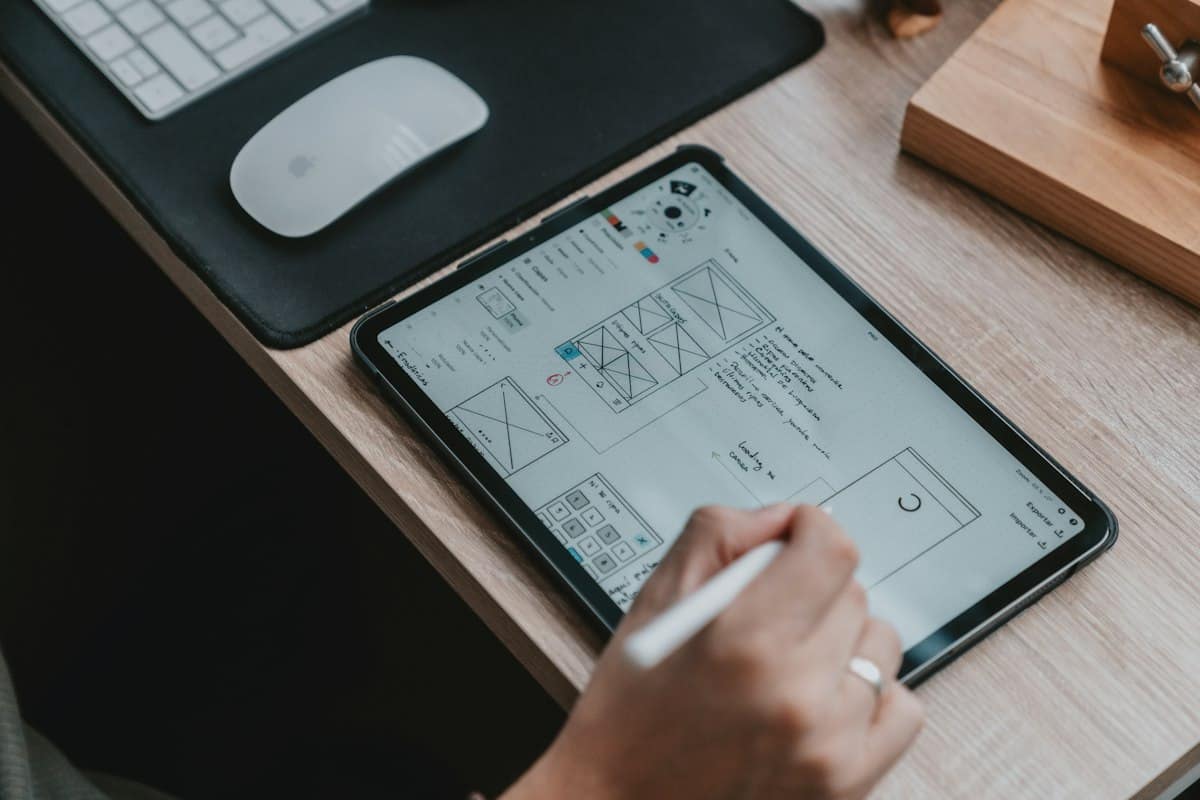 Desainer membuat sketsa layar aplikasi di tablet dengan stylus